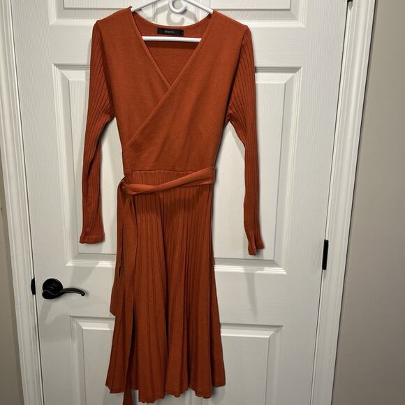 Zesica Orange L Ribbed Thick Knit Ribbed A Line Midi Sweater Tie Dress Office - Picture 2 of 11